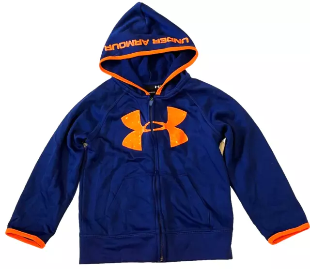 Under Armour Hoodie Boys 4 Navy Neon Orange Full Zip Long Sleeves Logo Pockets