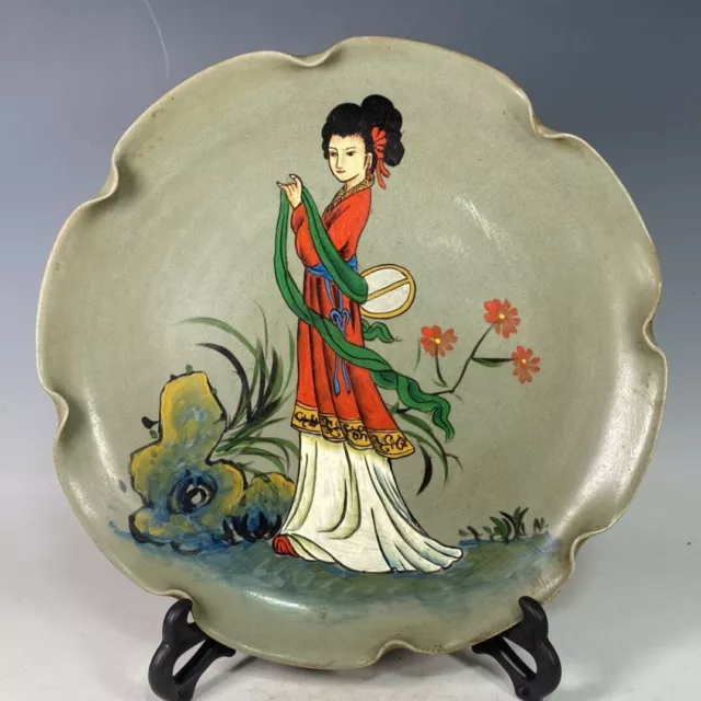 12.2" china old antique song dynasty ru kiln porcelain green glaze beauty plate