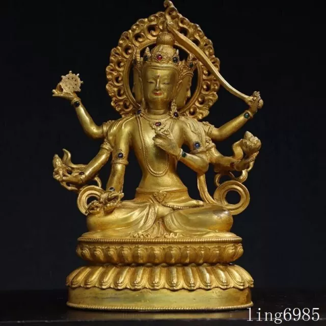 old Tibet bronze Gilt 3 Head 8 Arms Namgyalma & Ushnishavijaya Buddha Statue