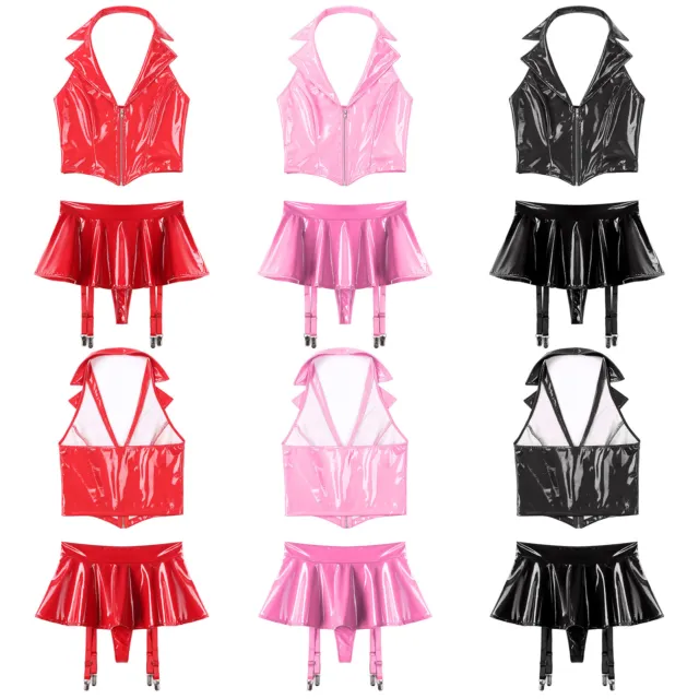 Womens Lingerie Set #S-4XL Tops With Skirt Patent Leather Vest Backless Sexy