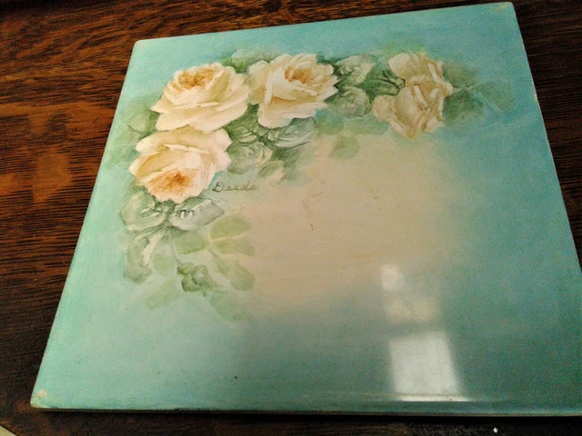 Villeroy and Boch Ceramic Tile White Roses Painted on Turquiose Background Sign