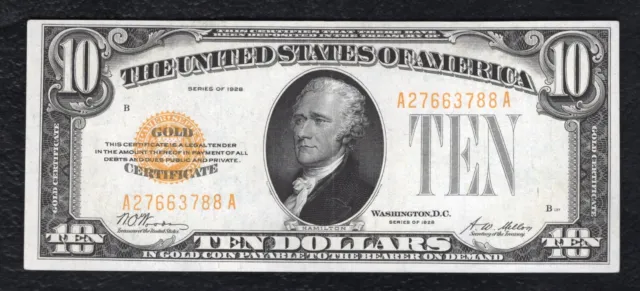 Fr. 2400 1928 $10 Ten Dollars Gold Certificate U.s. Currency Note Extremely Fine