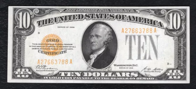 Fr. 2400 1928 $10 Ten Dollars Gold Certificate U.s. Currency Note Extremely Fine