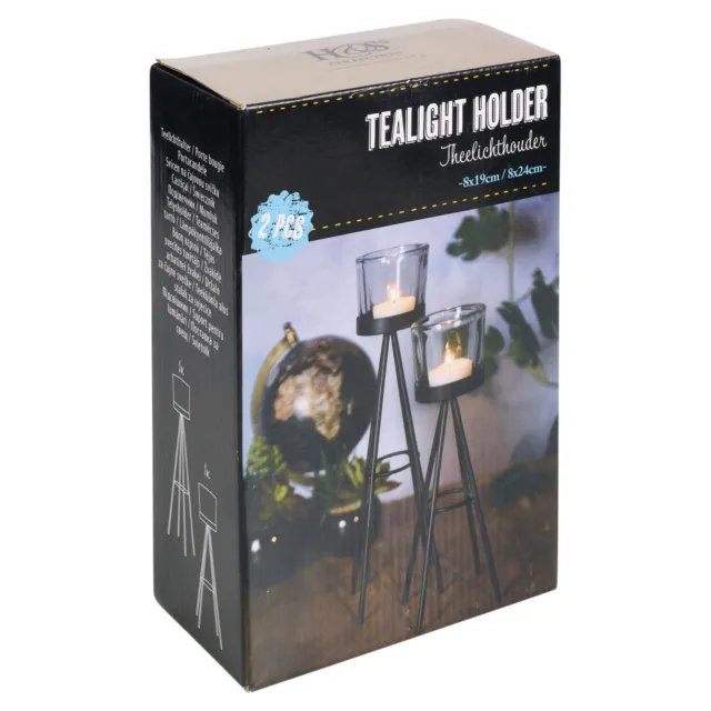 2 Metal Tripod Tealight Candle Stick Stand Glass Holder Set 8x19cm & 8x24cm Tall 3