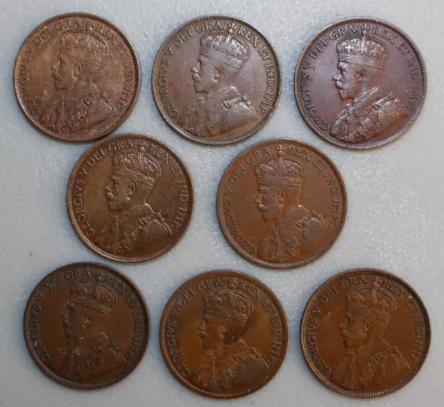 1913-1920 Canada Bronze Large Cent Very Fine Coins Circulated VF 1c 8 Coin Lot