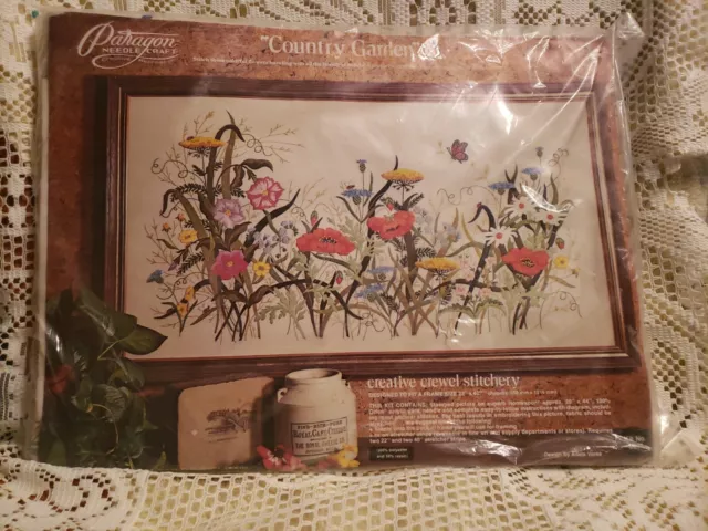 Kit de costura vintage Paragon Needlecraft 1976 Country Garden Crewel 0511 22x40