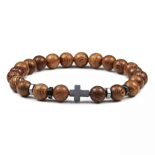 Prayer Men's Natural Stone Wood Beads Rosary Hematite Cross Meditation Bracelets