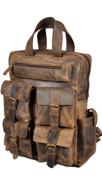 New Men's Real Leather Large Backpack Laptop Bag Hiking Travel Camping Carry On