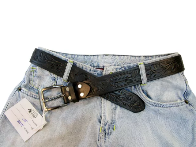 Men's Genuine Leather Black Belt Floral Tooled Leather W/Removable Buckle