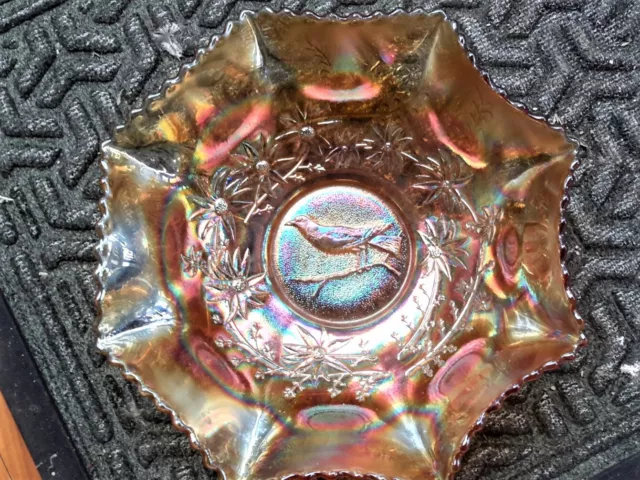 Carnival Glass Master Bowl MAGPIE/ FLANNEL FLOWERS, Crown Crystal Marigold