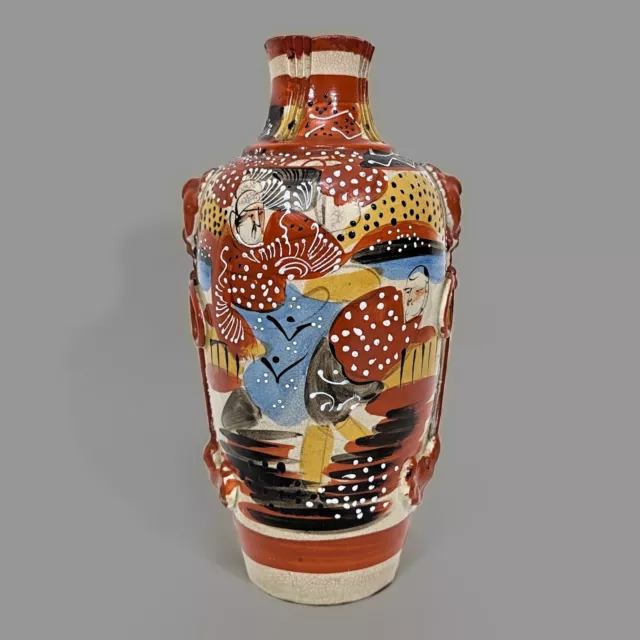 Antique Japanese Meiji Period Satsuma Vase Tassel Moriage Hand Painted Signed