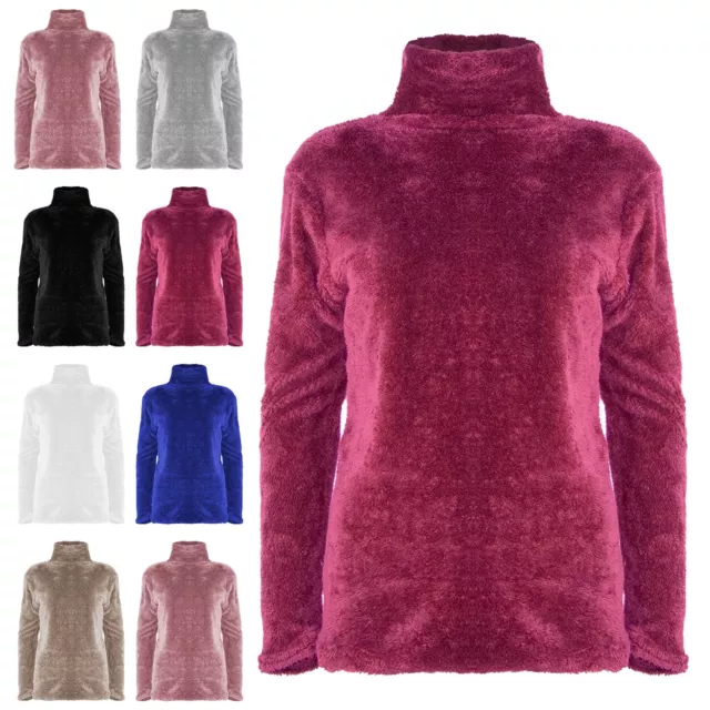 Womens Ladies Fluffy Faux Fur Fleece Turtle Cowl Neck Long Sleeve Baggy Jumper