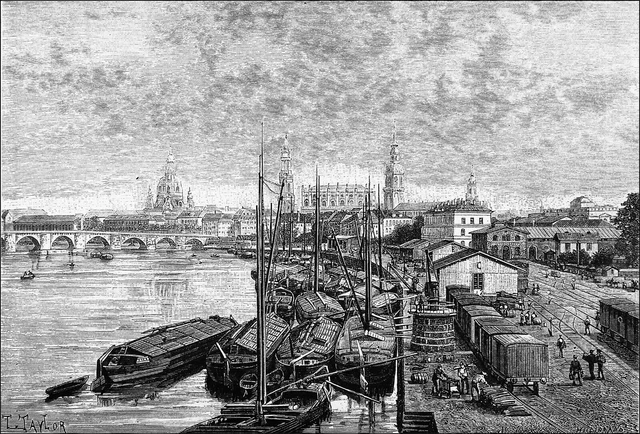 DRESDE: PÉNICHES à QUAI sur l'ELBE (VUES DE LA MARIENBRÜCKE) - Planche du 19e