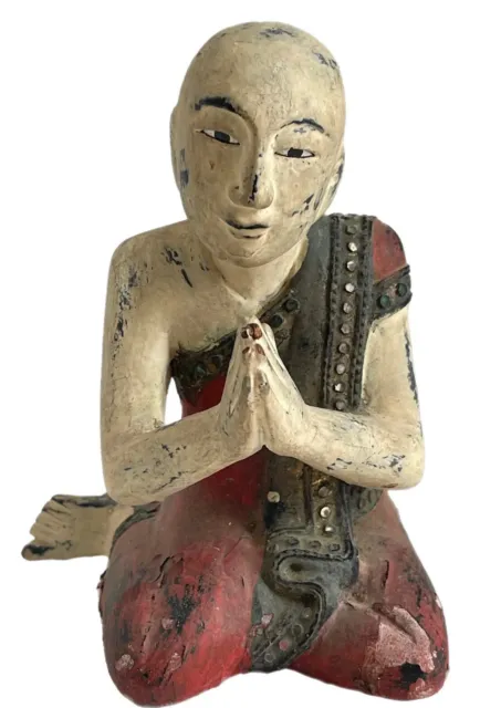 Antique Wood Carving Statue of Buddhist Monk Praying Hand Painted Burmese 6 3/8”