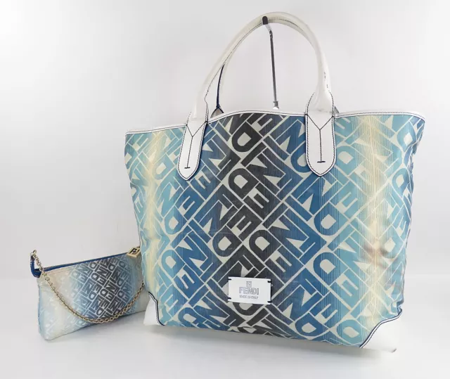 Authentic FENDI Blue & Multicolors Coated Canvas Large Basket Bag Purse #56601