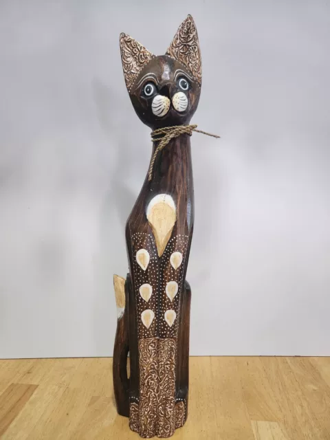 Vtg Primitive Art Hand Carved Wood Cat Painted Wooden 23" KittyPrimitive Large