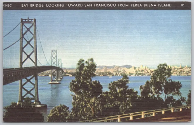 Yerba Buena Island CA Bay Bridge Toward San Francisco Linen Vintage Postcard