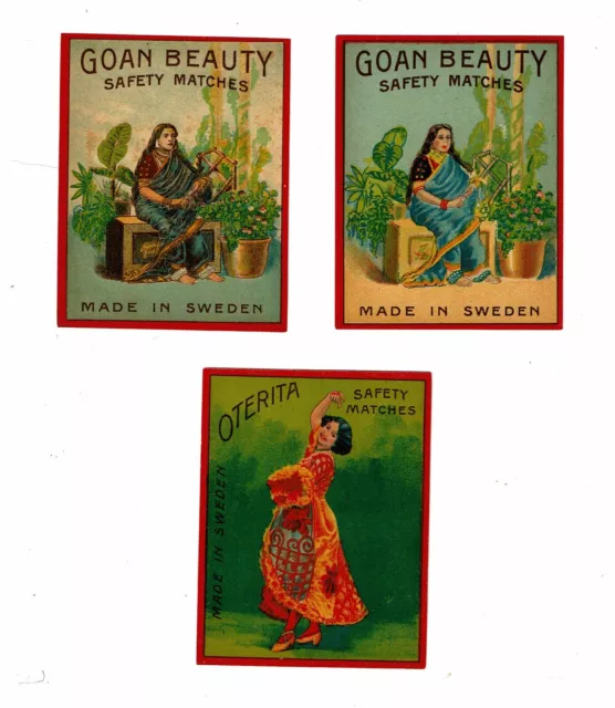 3 Old Sweden c1900s Glazed Packet Matchbox labels depicting Goan Beauty etc
