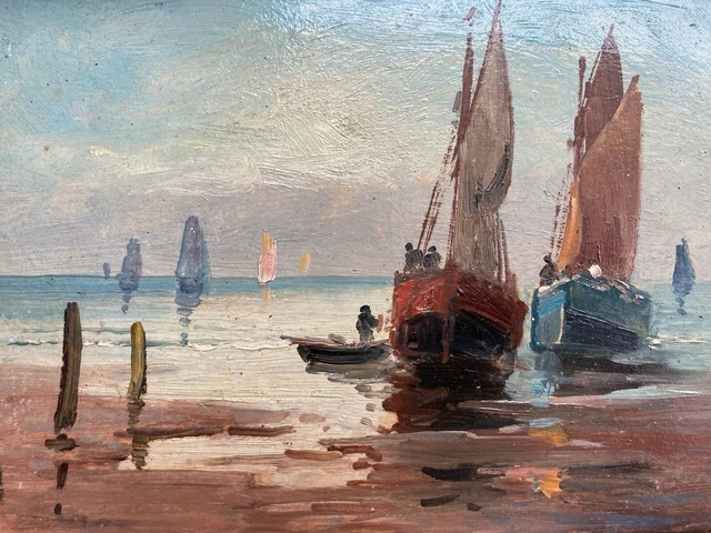 Très Belle peinture huile sur panneau Carton Signé Barque Bateau Marine Mer