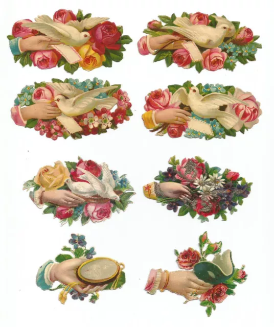 8 DÉCOUPIS ANCIENS GAUFRÉS, fin 19ème, mains,  colombes, fleurs, 7,5 cm
