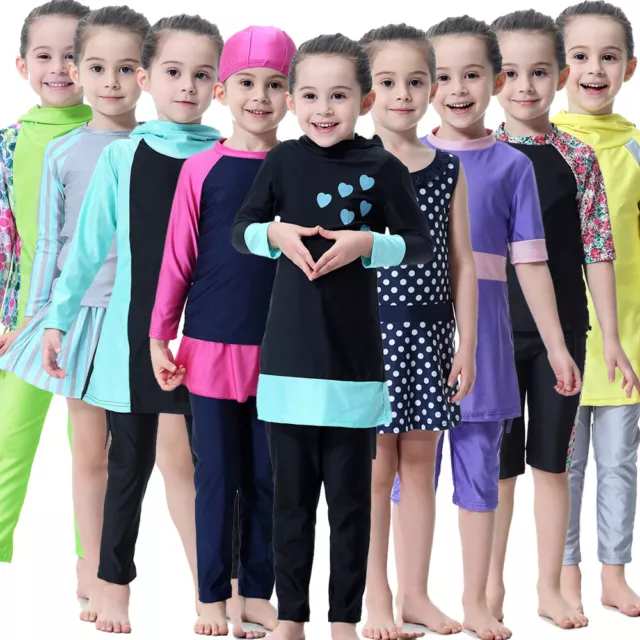 Kids Girls Swimwear Muslim Islamic Full Cover Beachwear Modest Burkini Swimsuits