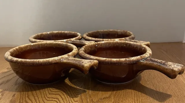 Vintage Set of 4 Hull Pottery Oven Proof Brown Drip Glaze Soup Bowls With Handle