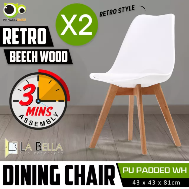 2X Retro Replica PU Padded DSW Beech Dining Chairs Cafe Kitchen