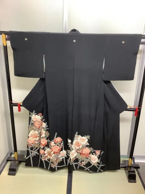 Japanese Vintage Kimono silk Tomesode black family crest expensive Height 63.7in