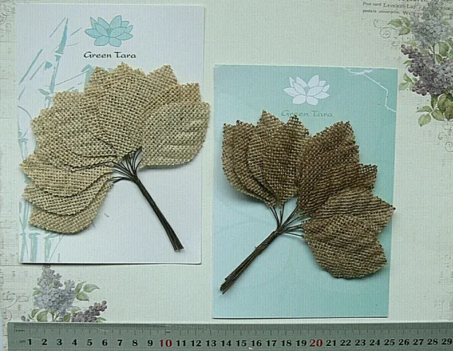 BURLAP 12Leaves 38x58mm with70mmWire Stems NATURAL or BROWN Choice GreenTara GTD