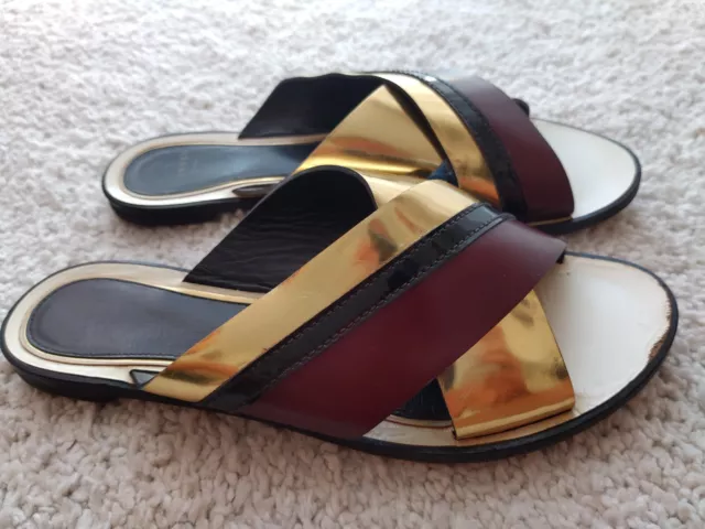 LANVIN Criss Cross Mirror Gold Brown Ivory Leather Slides Sandals Flats Shoes 41