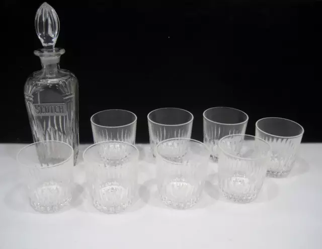 Cristal D'Arques Glass Whiskey Scotch Liquor Decanter With Topper & 8 Glasses