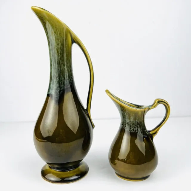 Set of 2 Vtg Brown Green Drip Glaze USA Pottery Vase MCM Ewer Pitcher