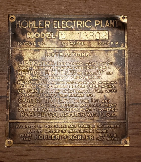Vtg antique 1920's Kohler Electric Plant Brass ID Model Plaque Tag sign