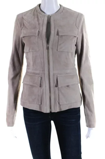 Belstaff Womens Crew Neck Full Zip Four Pocket Suede Jacket Beige Size IT 40