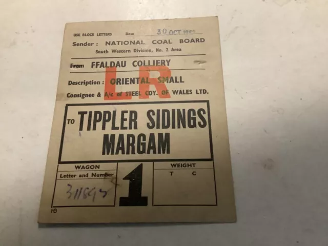 NCB Wagon Label Ffaldau Colliery To Margam Tippler Sdgs 1962