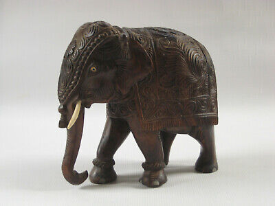 Large Vintage 7.75" India Wood Elephant - Incredibly Carved Details - Gorgeous!