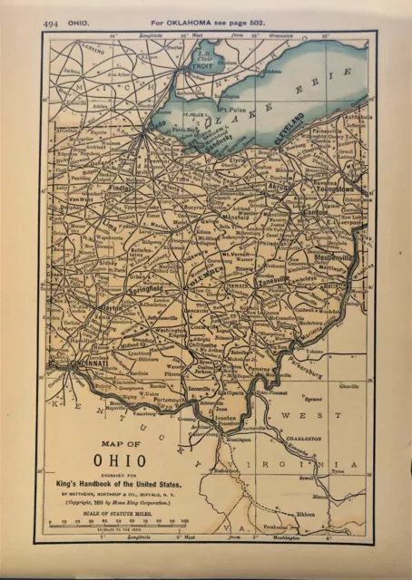 Authentic 1891 Color Map ~ State of  OHIO ~ Great Detail ~ Original ~ RARE