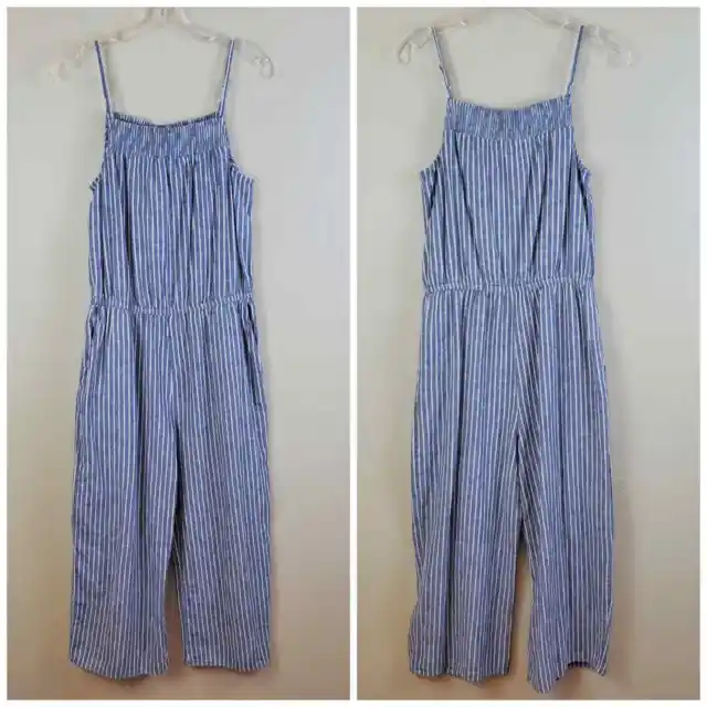 Beach Lunch Lounge Linen Blend Chambray Striped Sleeveless Jumpsuit Blue Size S