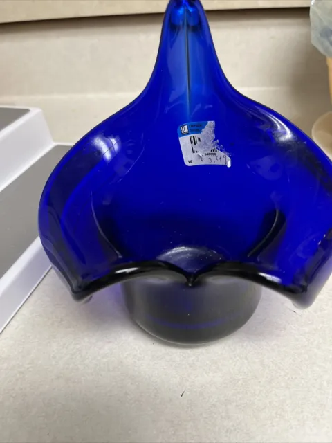 Vintage Blue Cobalt Hand Blown Art Glass Vase Jack in the Pulpit Mid Century