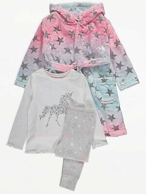 Pink Ombré Unicorn Fleece Hooded 3 Piece Dressing Gown PJs Pyjamas Set 5-6 13-14