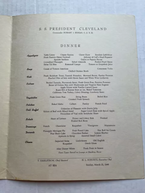 1948 American President Lines SS  President Cleveland Cruise Ship Menu 2