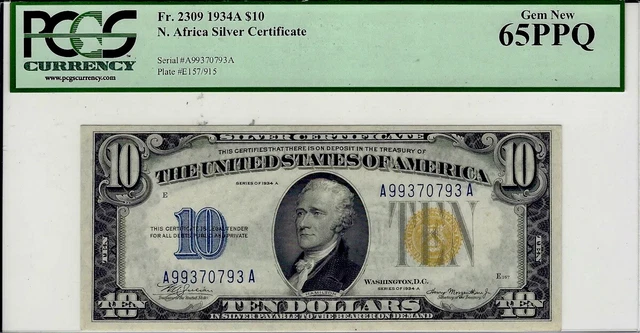 1934A North Africa $10 Silver Certificate A/A Block PCGS Gem 65PPQ Great Color!