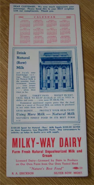 1940s Silver Bow Montana Milky Way Dairy Ink Blotter 1943 Calendar milk cream ad