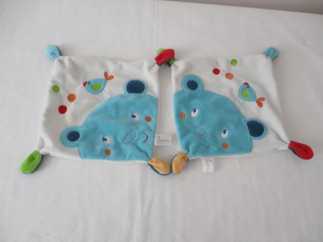 lot de 2 doudous plats NICOTOY ours bleu oiseau  bleu blanc ronds