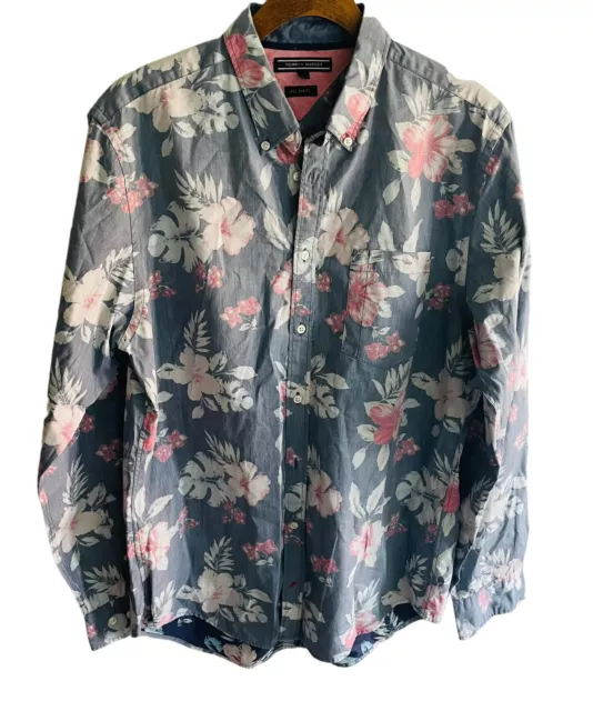 Camicia Tommy Hilfiger taglia blu floreale New York vestibilità manica lunga da uomo con bottoni sul davanti