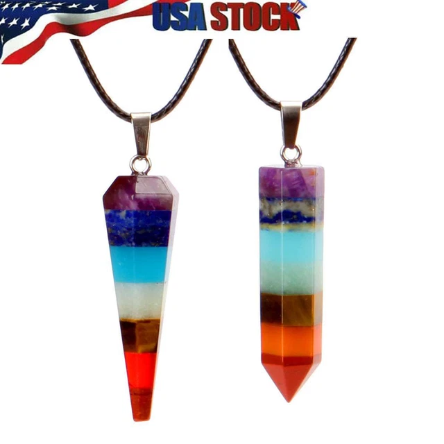 Gemstone Necklace Pendant Natural 7 Chakra Healing Stone with Rope Chain US
