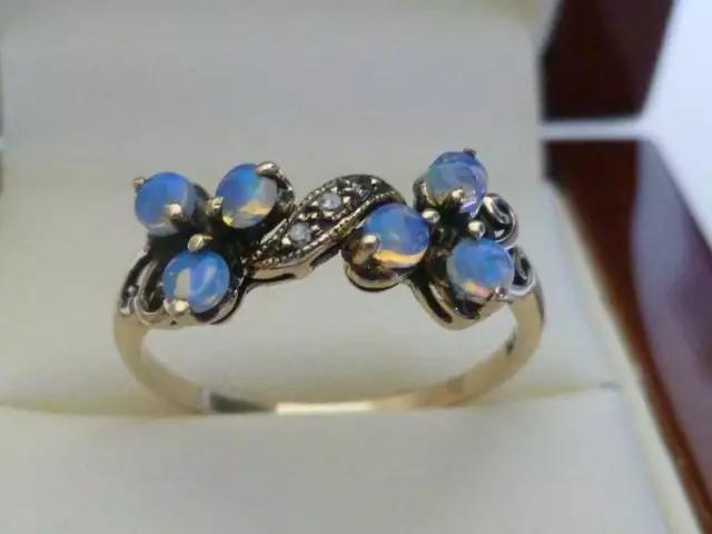 Opal & Diamond Vintage Ring, 9ct 9k Solid Gold, Womens Victorian, R208 Custom