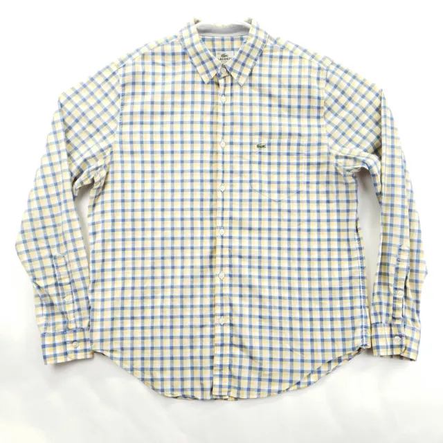 Lacoste Shirt Mens 42 Blue White Yellow Check Cotton Croc Regular Fit Button-Up