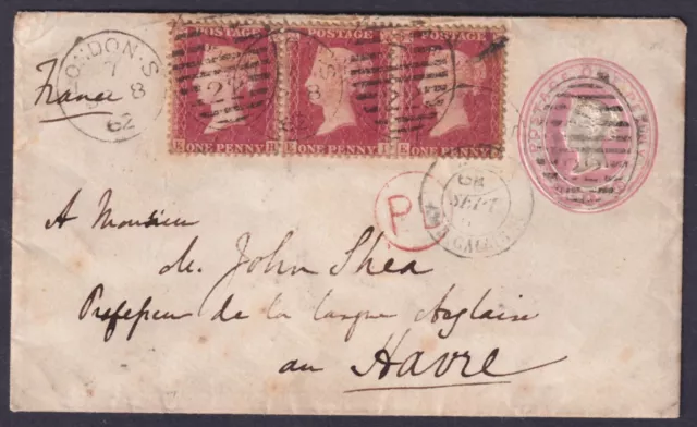 1862 1d Strip of 3 EH-EJ on 1d Pink Envelope London to France VGU