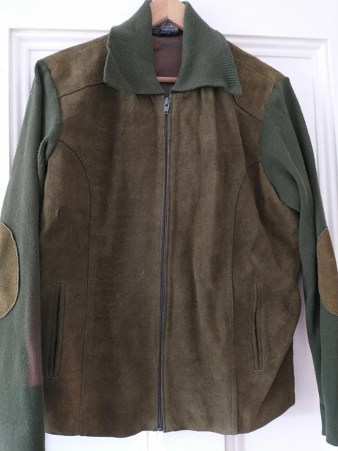 Giacca uomo in pelle scamosciata verde lavorato a maglia posteriore/maniche cerniera anteriore Med vintage anni 70
